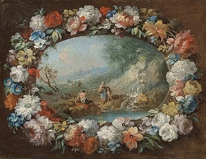 Figure in paesaggio entro ghirlanda di fiori